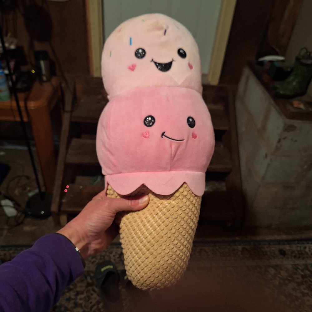 Hugme Plush ICE CREAM CONE 20" Pink Brown Plush Stuffed Animal Summertime Pillow